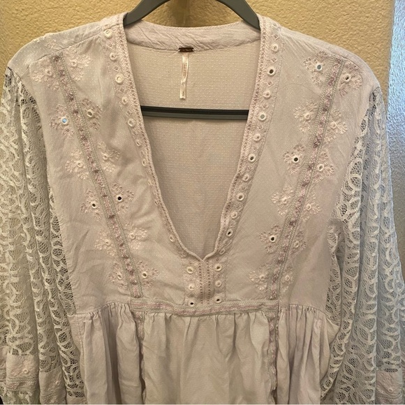 FREE PEOPLE Women Light Blue Boogie All Night Lace Balloon Sleeves Boho Top-S - Picture 3 of 9